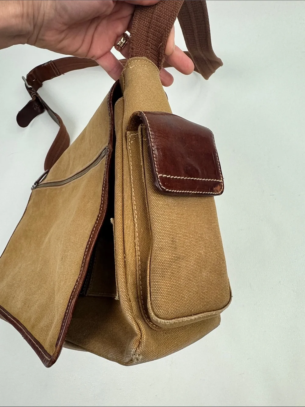 Vintage Fossil Tan Canvas Messenger crossbody Bag Brown Leather Trim Pockets